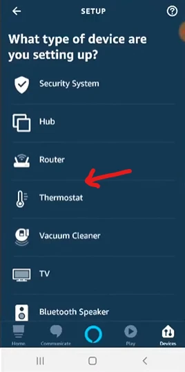 Selecting Nest Thermostat in Alexa