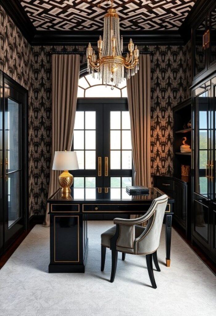 Art Deco Glamour Study with Bold Patterns and Luxe Finishes