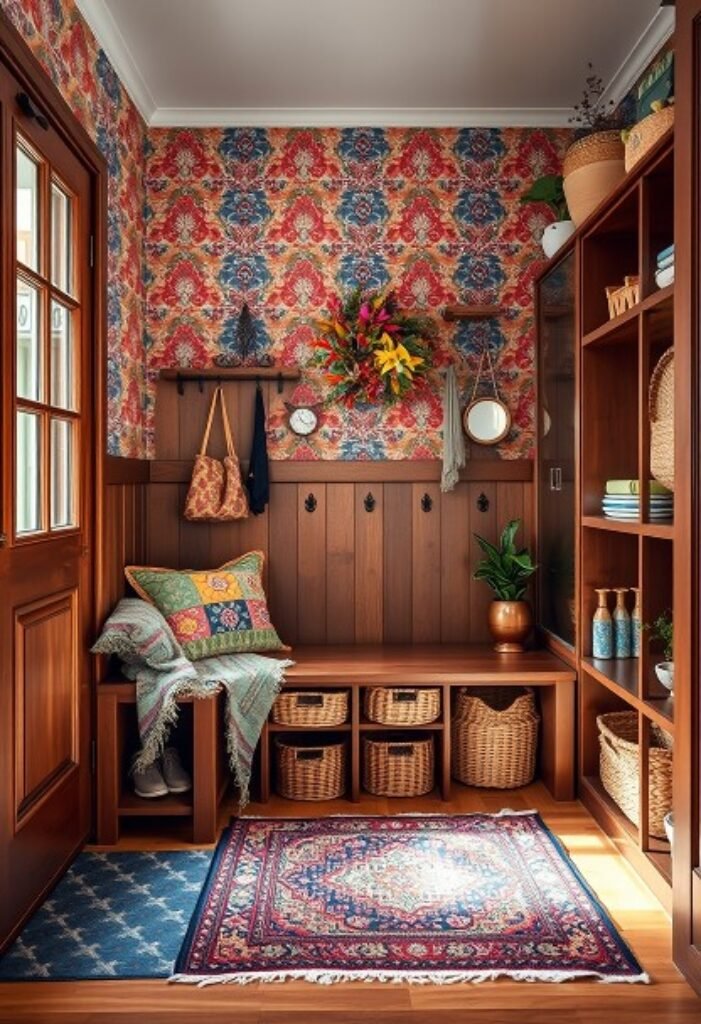 Boho-Chic Mudroom with Vibrant Textiles and Eclectic Decor