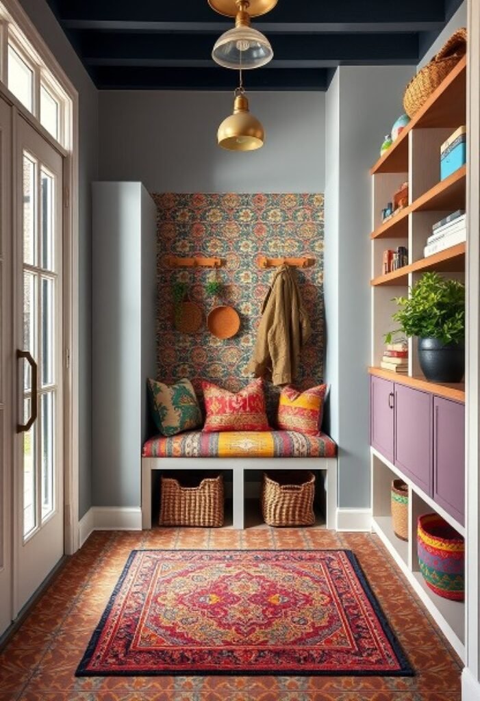 Eclectic Bohemian Mudroom - A Fusion of Vibrant Patterns and Lush Textures