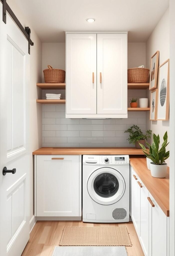 Minimalist White and Wood Laundry Nook