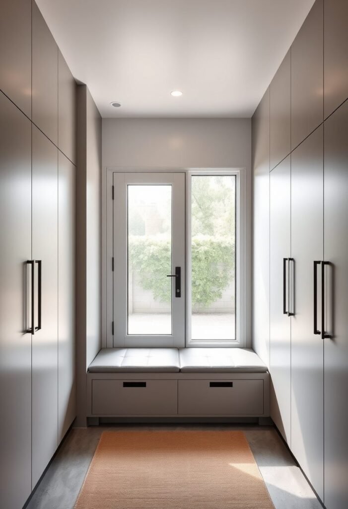 Modern Minimalist Mudroom - Seamless Design with Sleek Lines and Hidden Storage