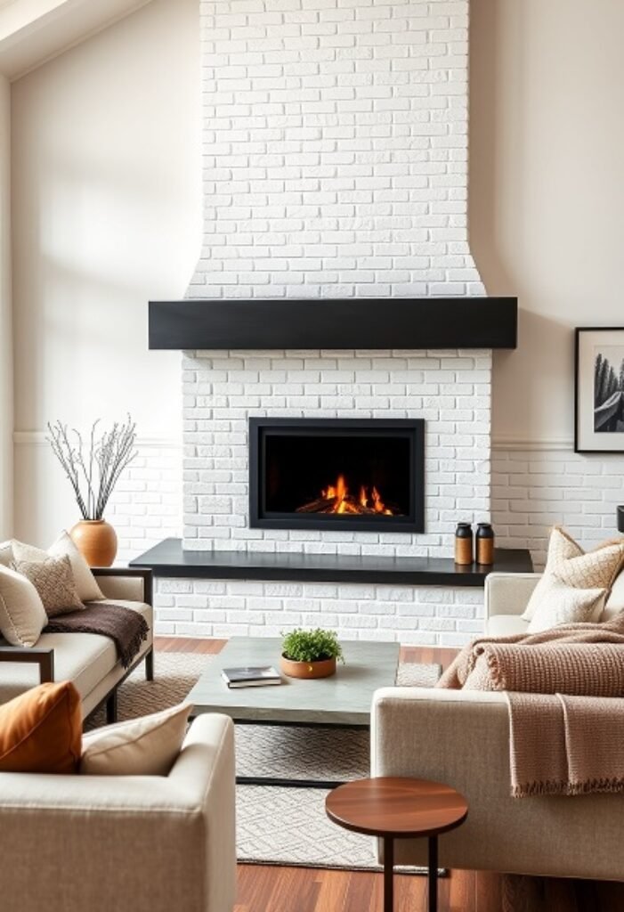 Classic White Brick Fireplace with a Modern Twist – Timeless Tradition Meets Contemporary Flair