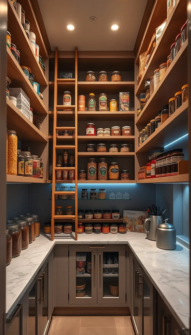 Compact European Pantry with Ladder Access pantry organization ideas 2