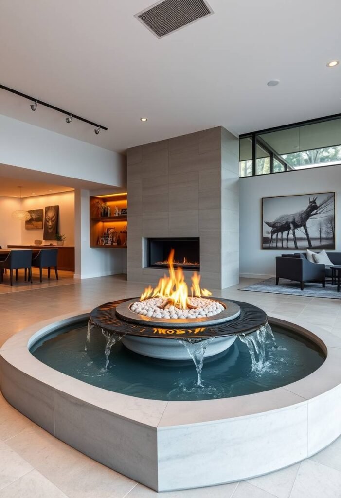 Contemporary Water and Fire Combination Fireplace – A Harmonious Blend of Elements for a Modern Retreat