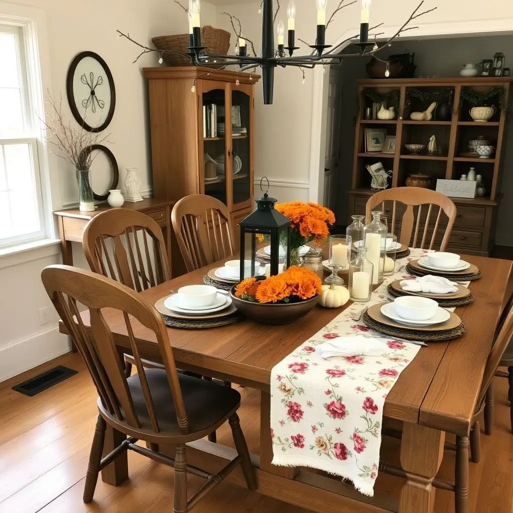 Rustic dining room with wooden table, floral centerpiece, and fall decor.