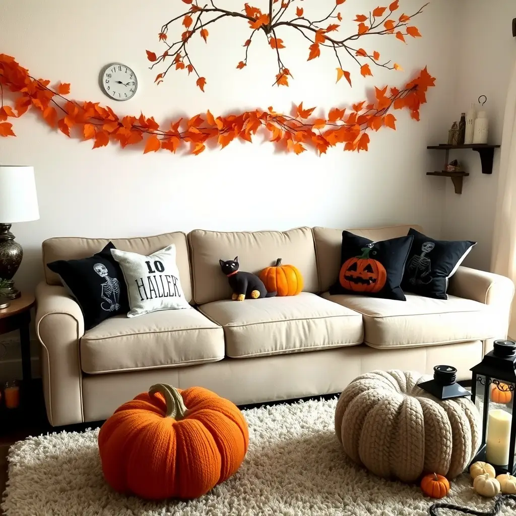 Halloween living room decor with orange leaves, pumpkins, and Halloween-themed pillows.