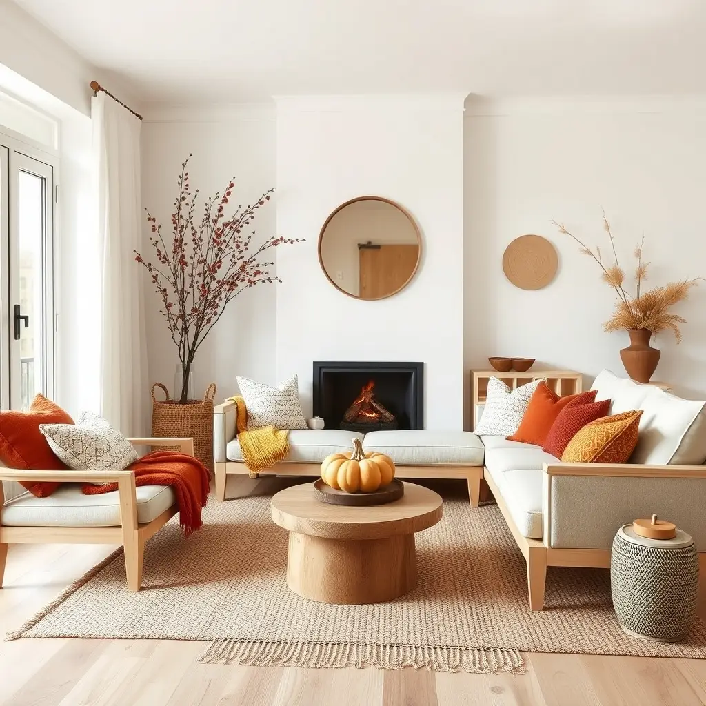 Cozy living room with white walls, wooden furniture, and fall decor including a pumpkin and dried flowers.