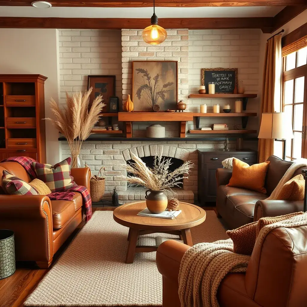 A Fall-Inspired Living Room Rustic with leather sofas, brick fireplace, and warm autumnal decor.