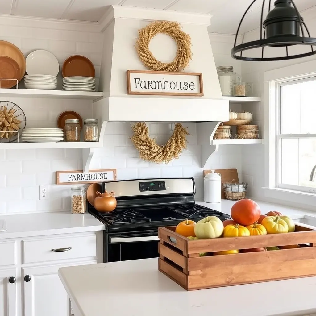 Farmhouse kitchen with white cabinets, open shelving, and fall decor including pumpkins and a wreath.