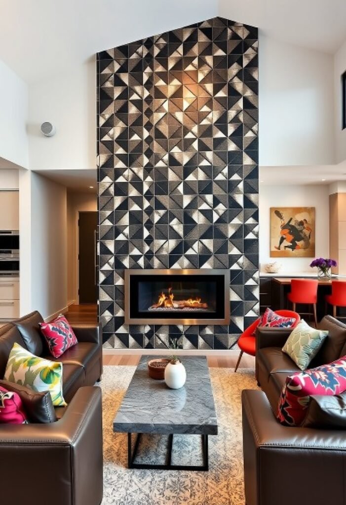 Geometric Tile Wall Fireplace – A Bold Statement of Modern Art and Functionality