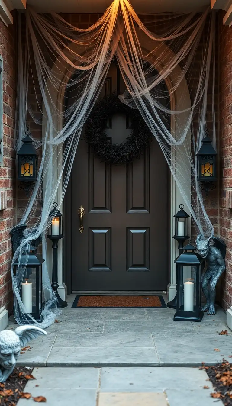 Gothic Entryway with Cobwebs and Gargoyles Easy Halloween Decorations