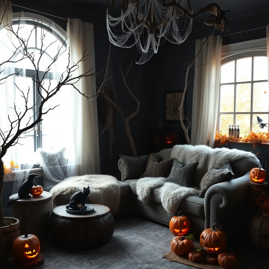 Spooky Halloween living room decor with dark walls, spiderwebs, and pumpkins.