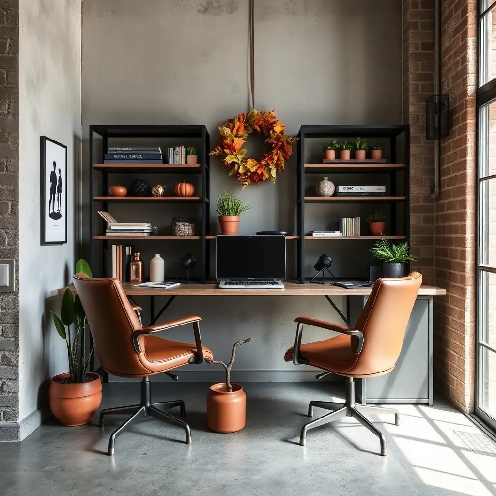 Industrial-style home office with exposed brick walls, metal shelving, and fall decor.