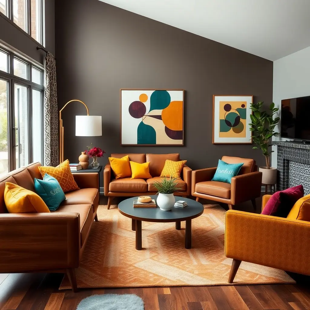 Modern living room with dark walls, leather sofas, and colorful artwork.