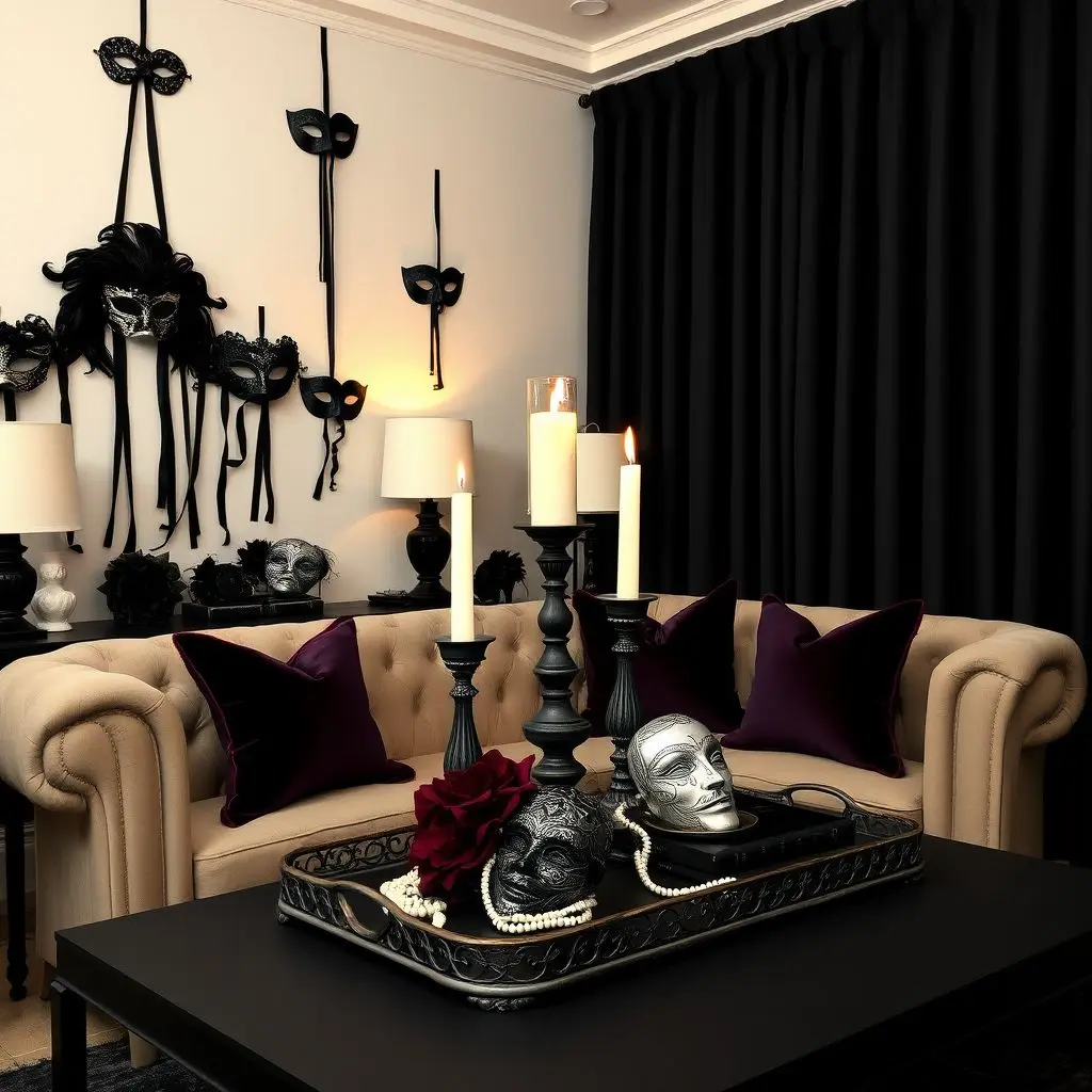 Elegant Halloween living room with black curtains, a velvet couch, and a coffee table decorated with candles, masks, and a skull. #Halloween #HomeDecor