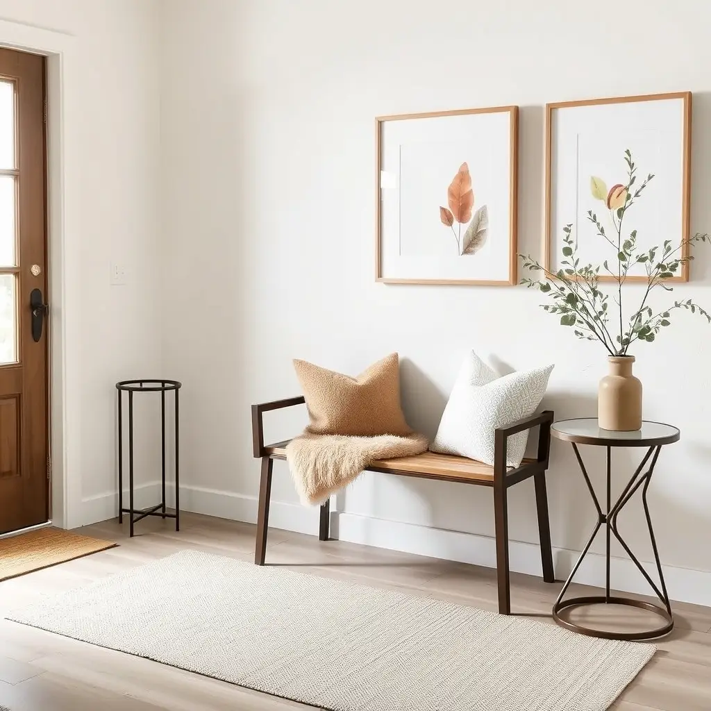 Minimalist entryway with white walls, wooden bench, and fall-inspired artwork.