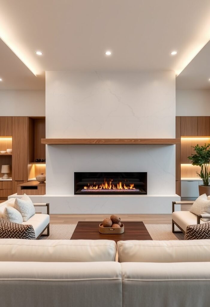 Minimalist Linear Gas Fireplace with Marble and Glass