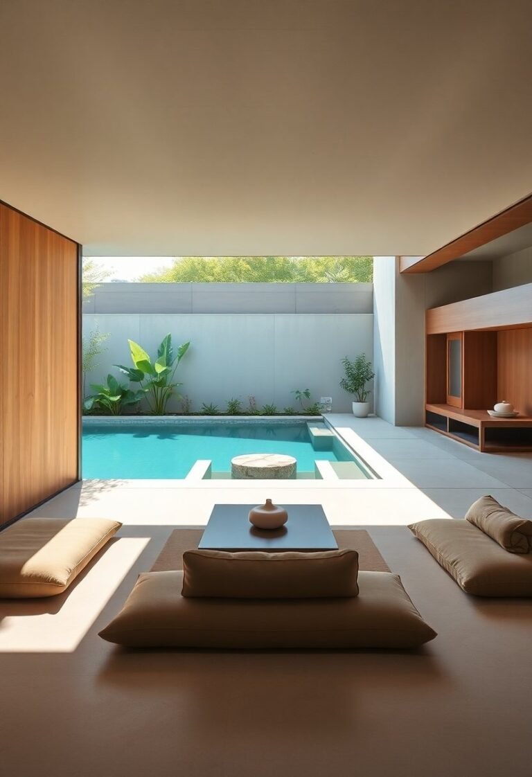 Image showcasing Modern Minimalist Living Room with Pool - Pinterest