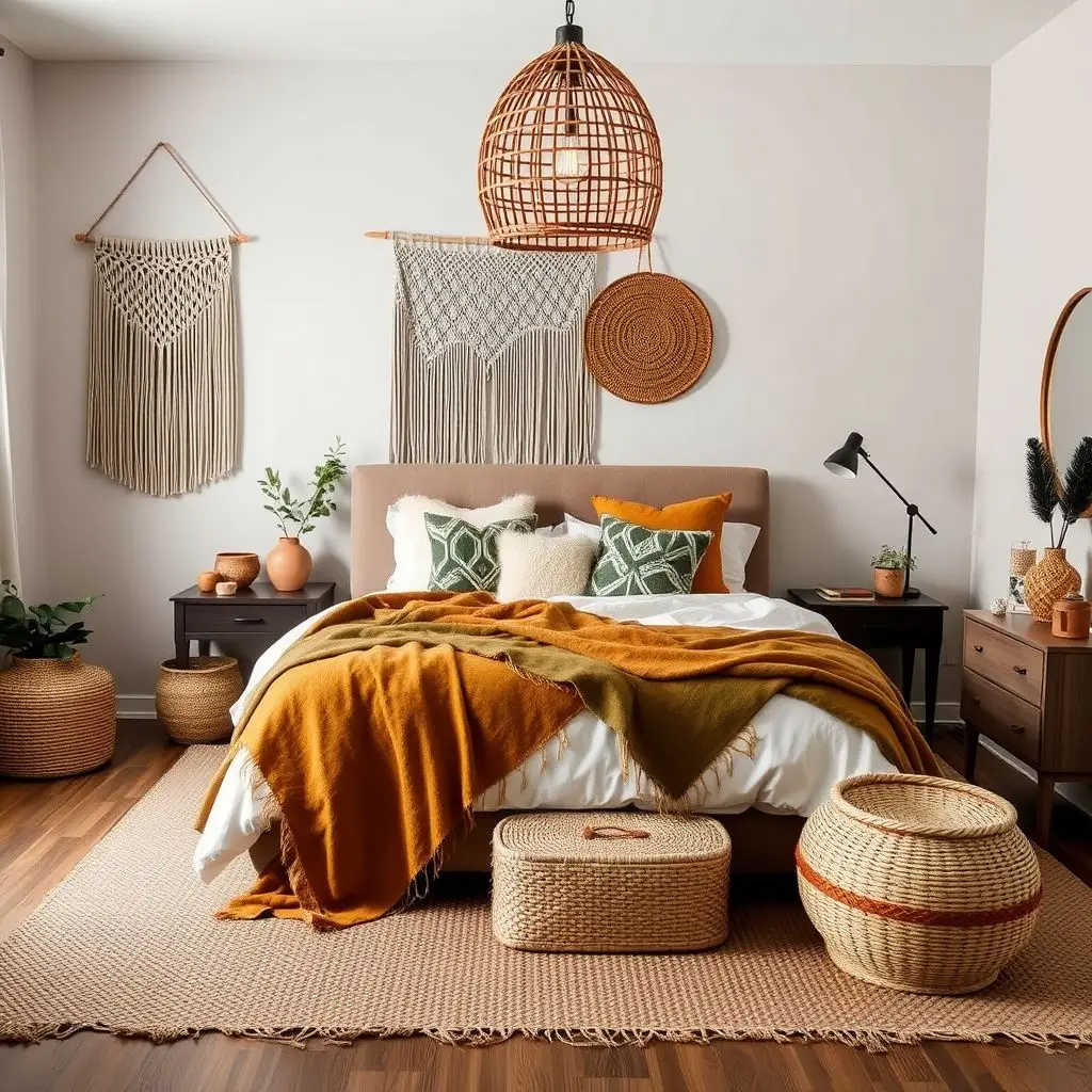 fall Boho bedroom with neutral walls, woven wall hangings, and earthy tones in bedding and decor.