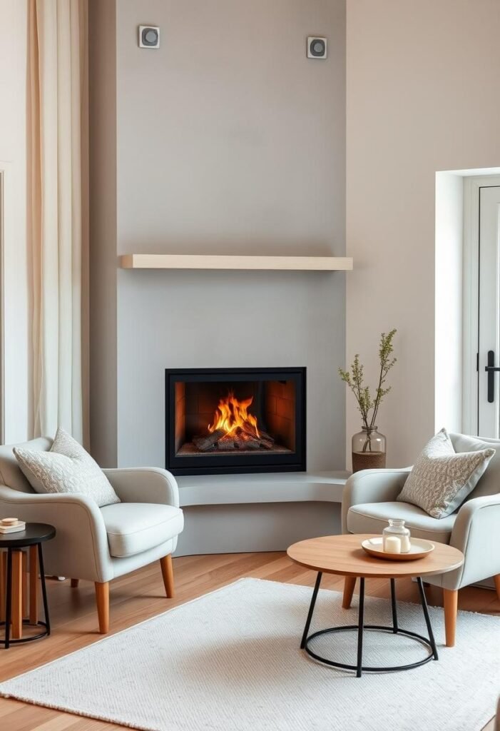 Modern Scandinavian Corner Fireplace – A Warm Embrace of Simplicity and Elegance