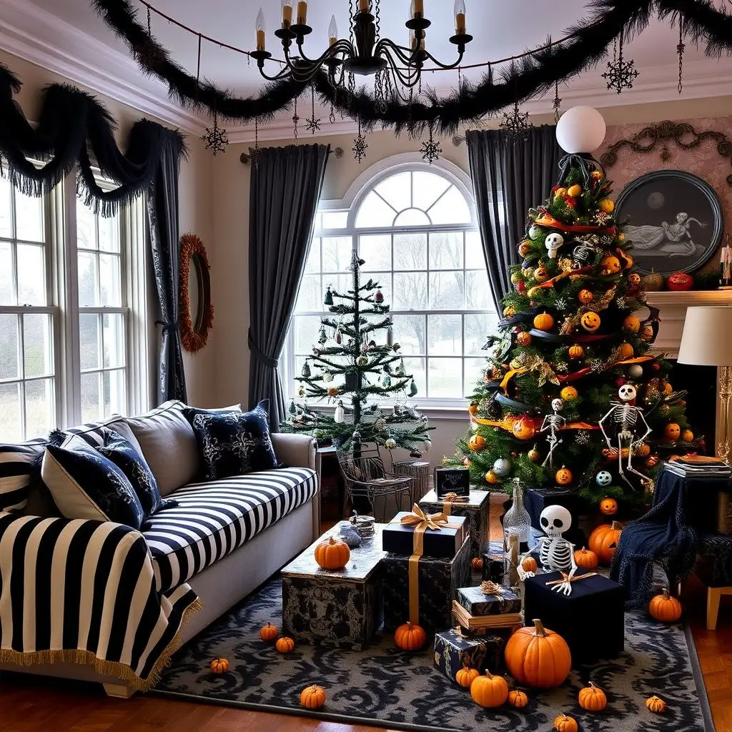 Halloween-themed living room with a decorated Christmas tree, pumpkins, skeletons, and black and white decor. #HalloweenDecorations