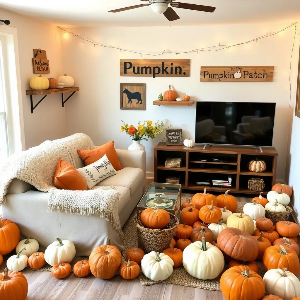 Halloween living room decor with pumpkins, fall signs, and cozy furniture.