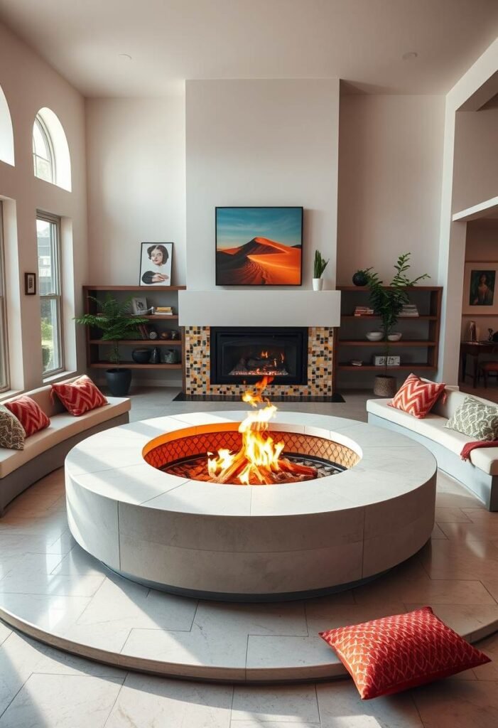 Retro Sunken Fireplace Pit – A Mid-Century Modern Social Hub with Bold Charm