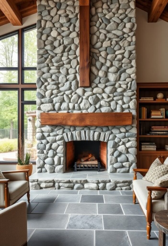 Rustic Chic Stone and Timber Fireplace - A Cozy Blend of Nature and Warmth