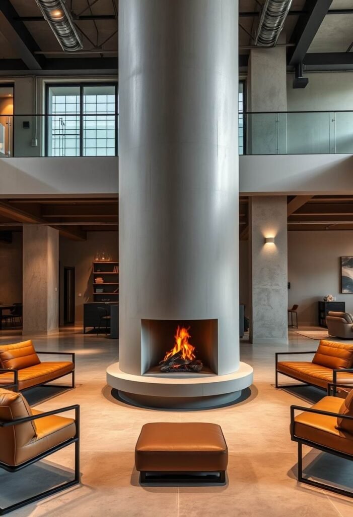 Sculptural Concrete Cylinder Fireplace – An Architectural Masterpiece of Form and Function