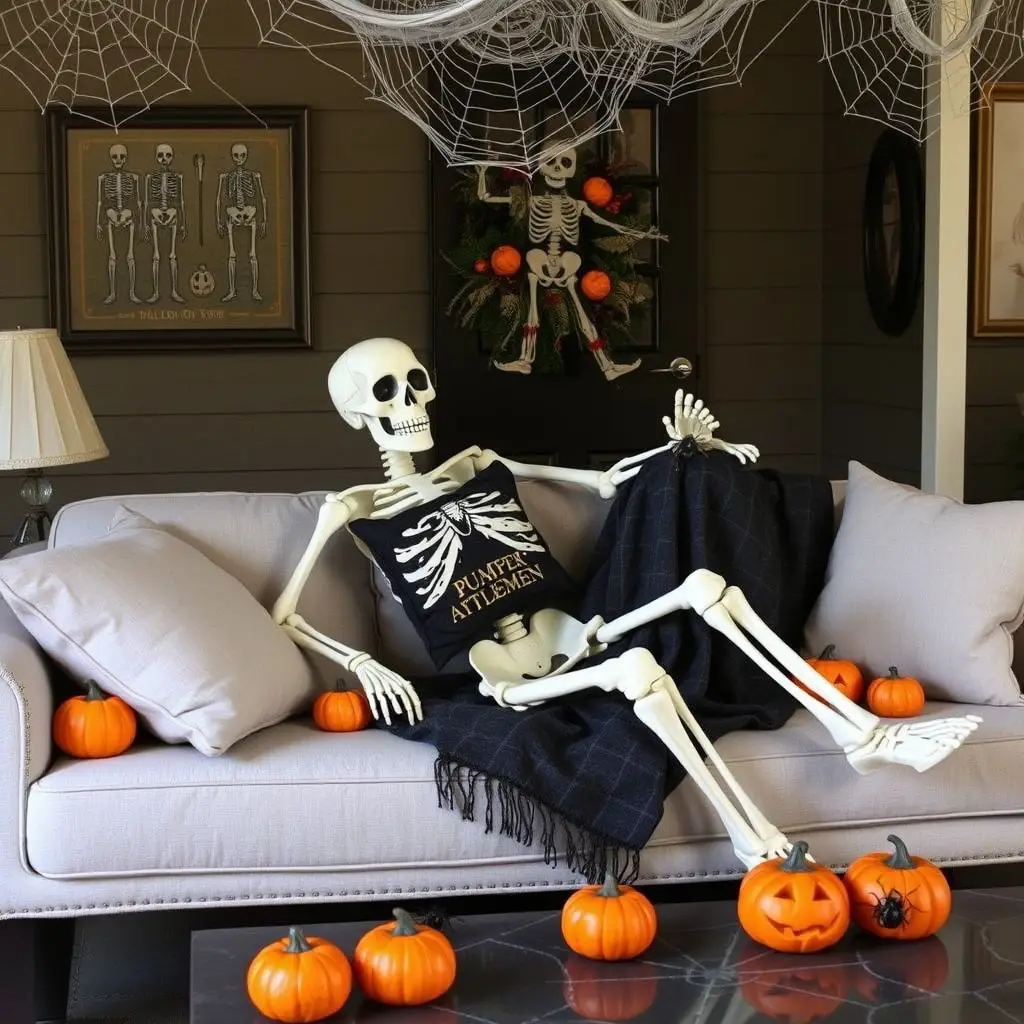 Skeleton decoration lounging on a couch with a pumpkin-themed pillow, surrounded by pumpkins and Halloween decor.