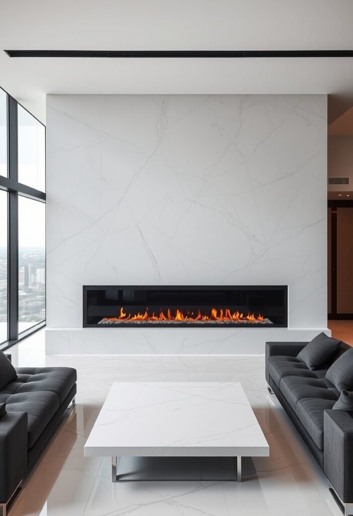 Sleek Linear Fireplace with Marble Surround - A Statement of Modern Luxury and Minimalism