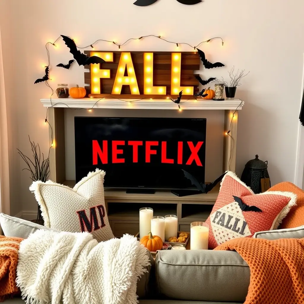 Fall theme living room decor with "FALL" sign, bats, pumpkins, and Netflix.