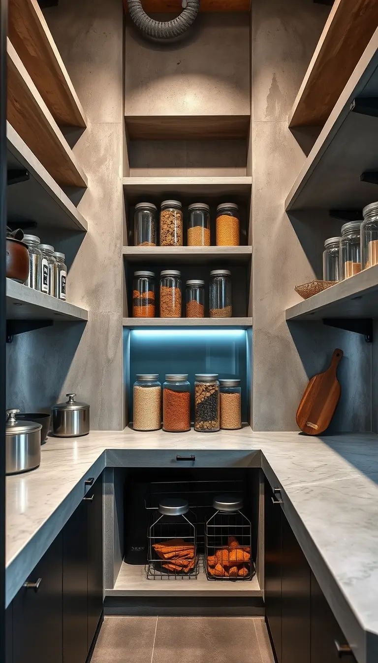 Urban Contemporary Pantry with Concrete and Metal Elements pantry organization ideas 2