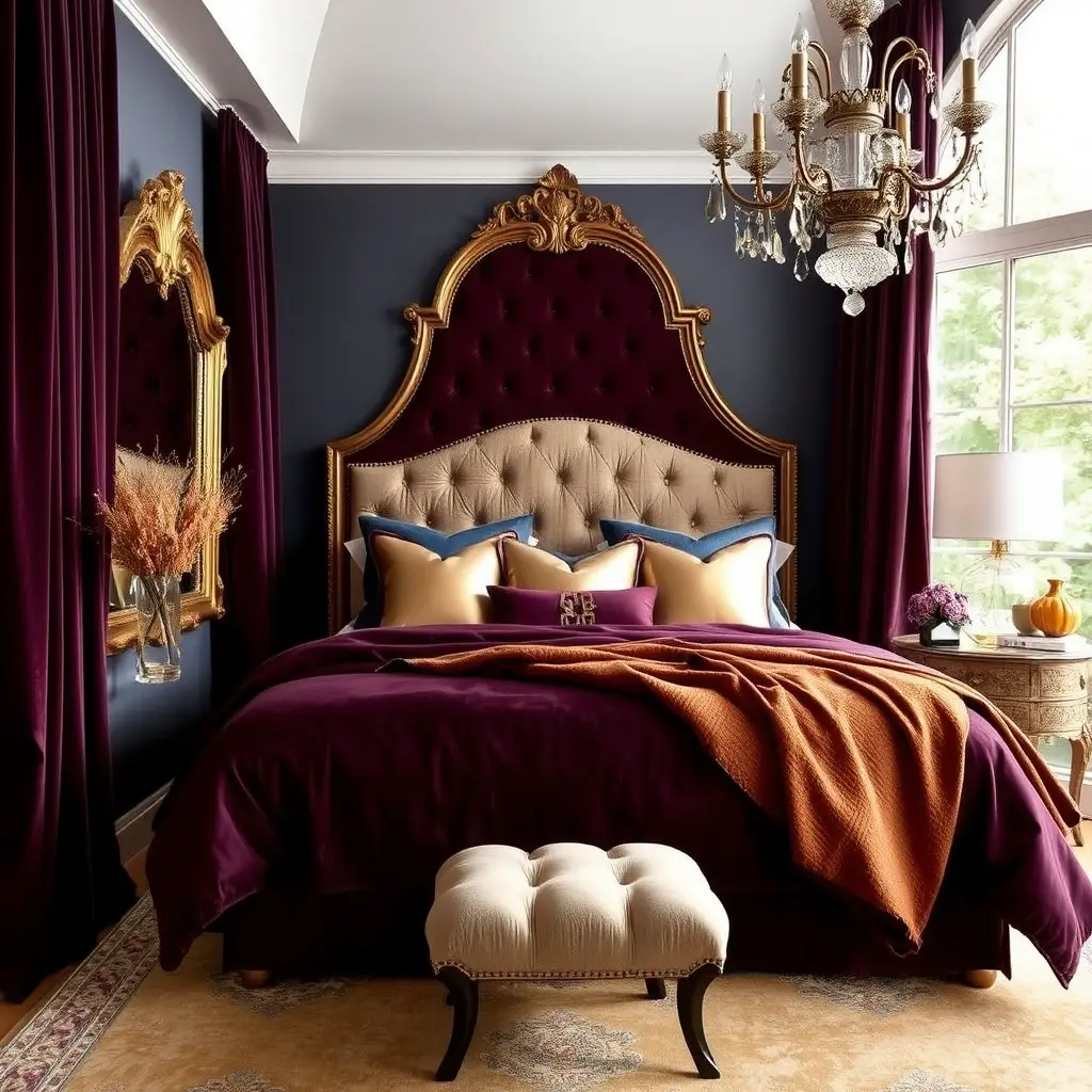 Luxurious bedroom with dark walls, gold accents, and velvet bedding.