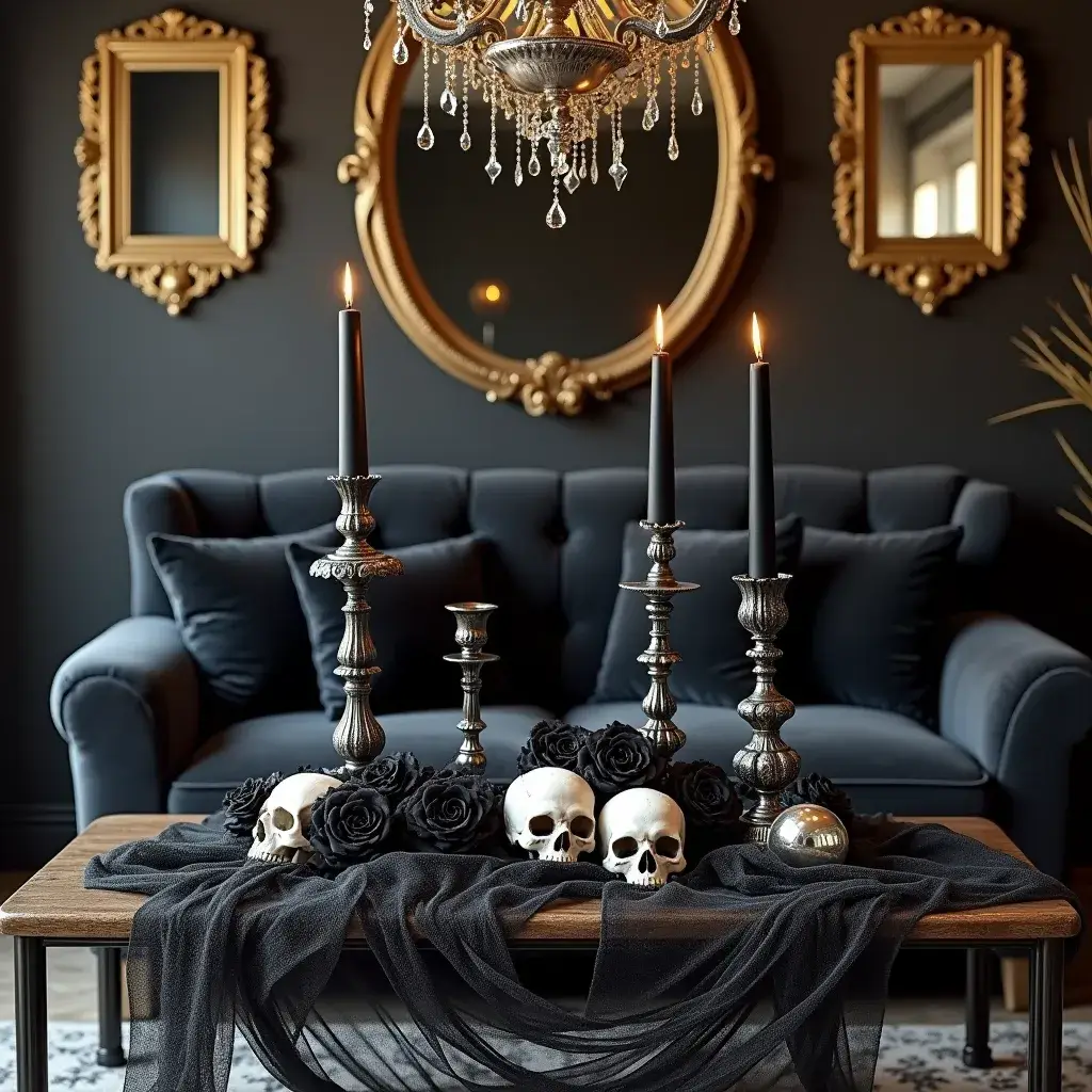 Elegant Halloween theme living room with black velvet sofa, gold frames, and skulls.