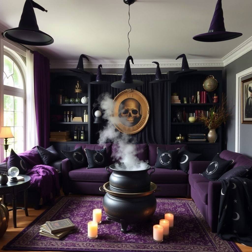 Witchy living room with a large cauldron, candles, a skull decor, and witch hats hanging from the ceiling. #Halloweentheme