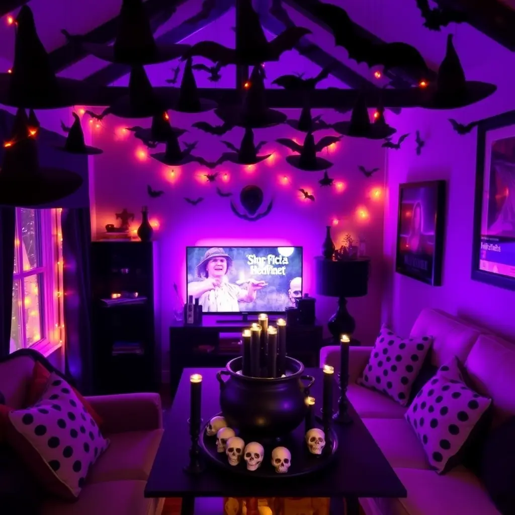 Halloween living room decor with purple lights, witch hats, bats, and skulls. Fall-themed decorations create a spooky atmosphere.