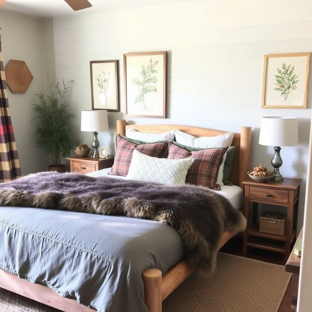 Rustic bedroom with wood accents, plaid bedding, a faux fur throw, and fall-inspired artwork.