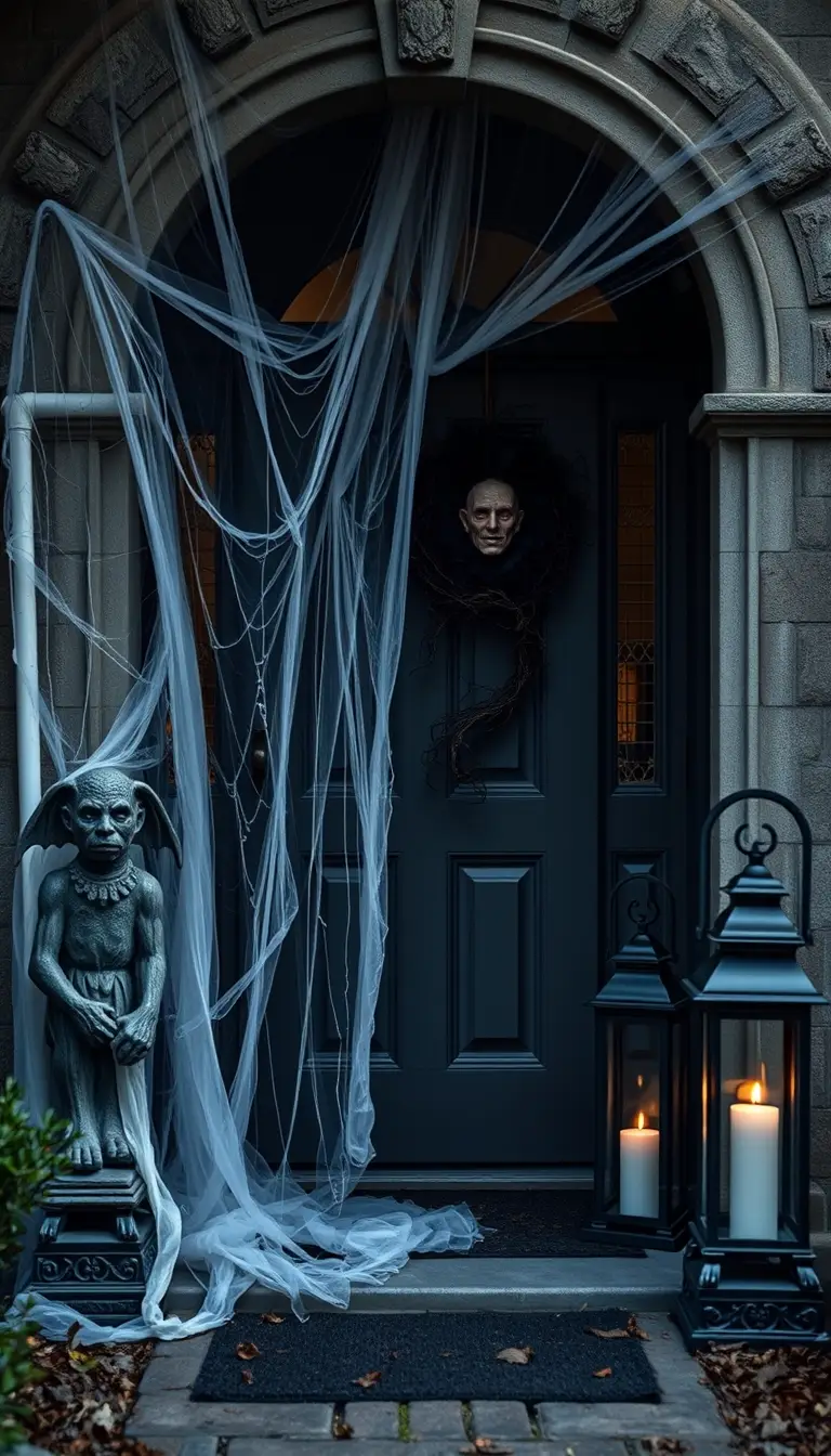 Gothic Entryway with Cobwebs and Gargoyles Easy Halloween Decorations 2