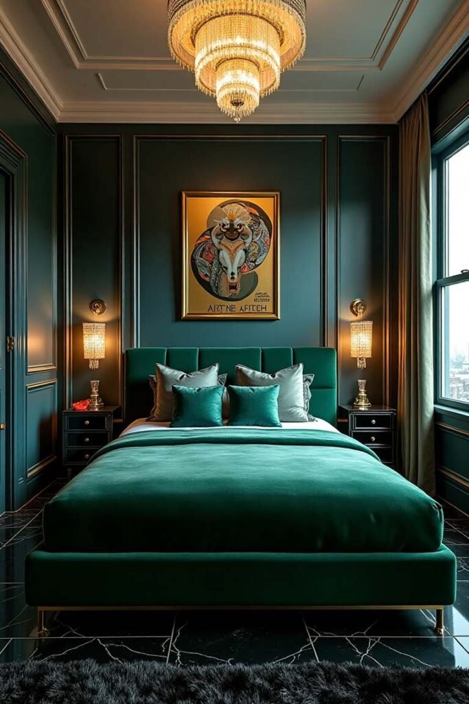 Art Deco Bedroom with Bold Colors and Glamour