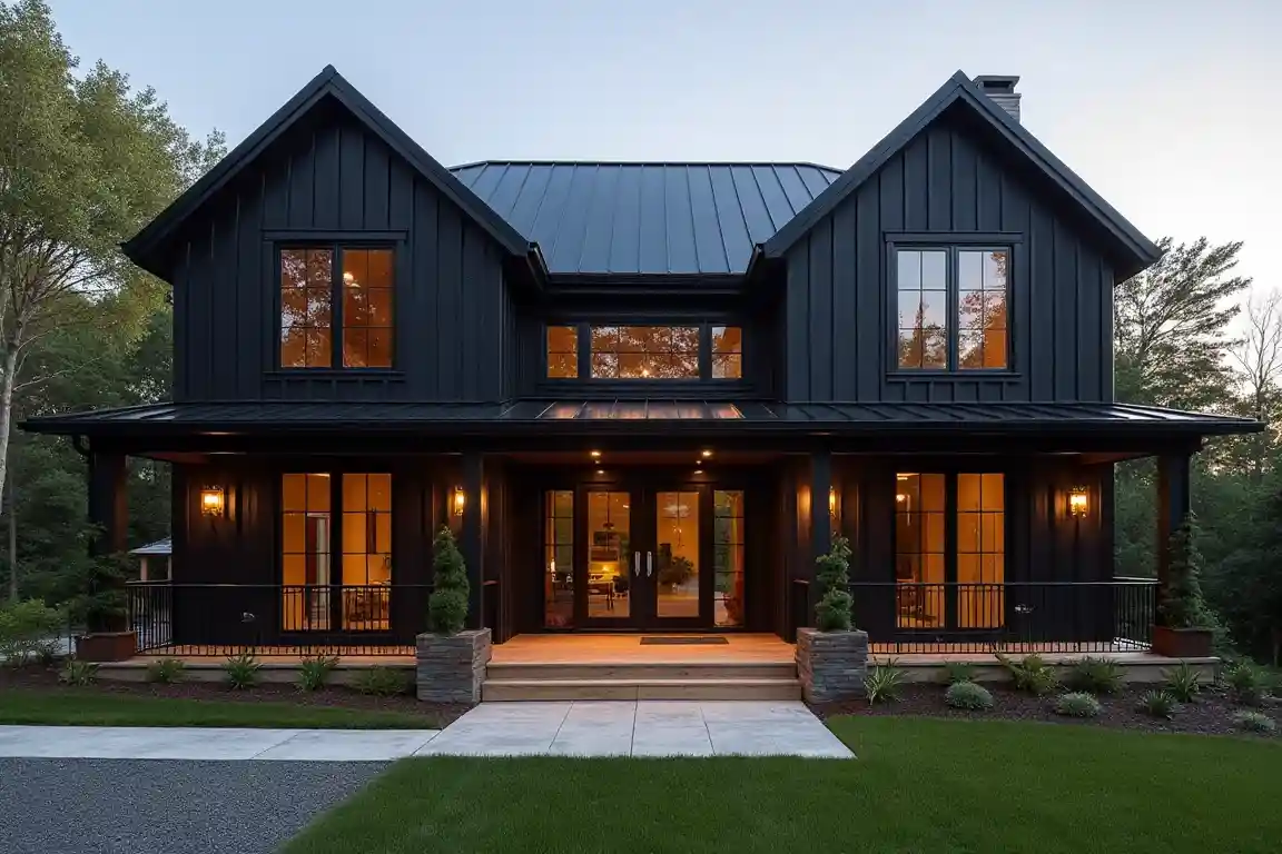 Black Farmhouse with Glass Panel Entryway idea 1