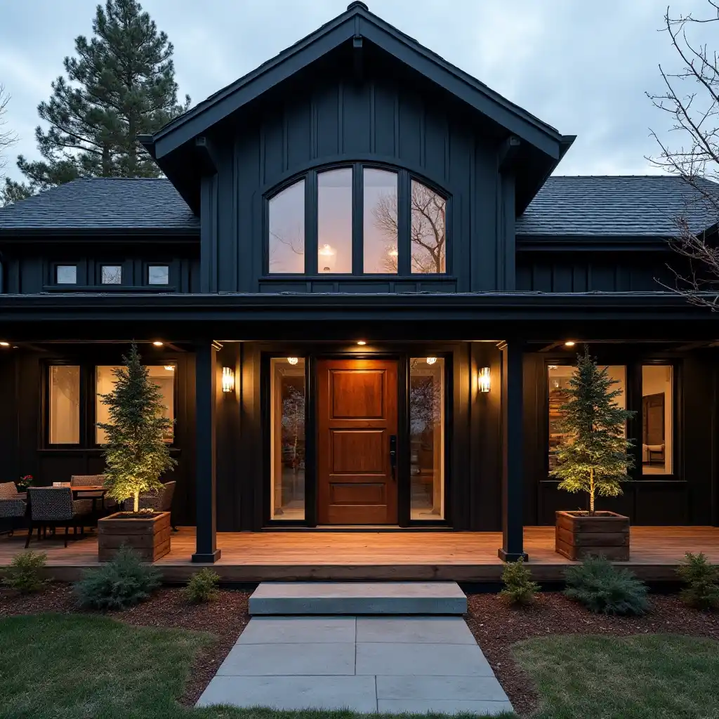 Black Farmhouse with Glass Panel Entryway idea 2