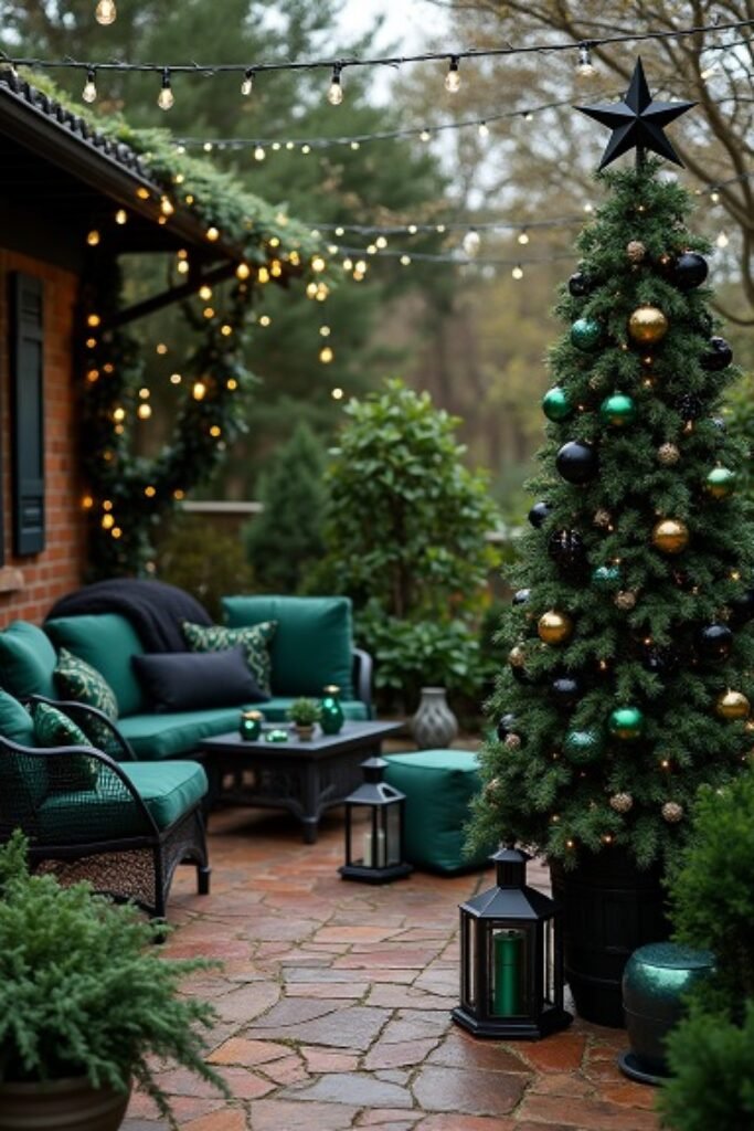 Black and Emerald Green Garden Christmas – A Luxurious Outdoor Festive Retreat