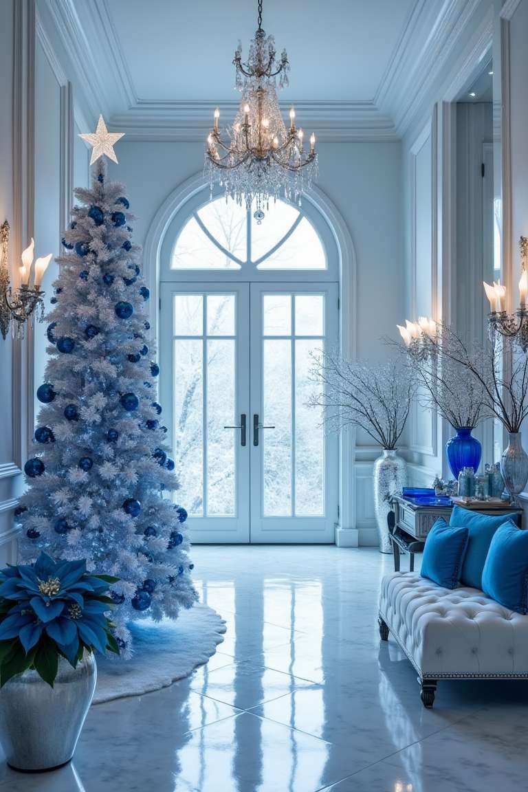 Blue Ice Palace Christmas Entryway – A Frosted Luxurious Welcome