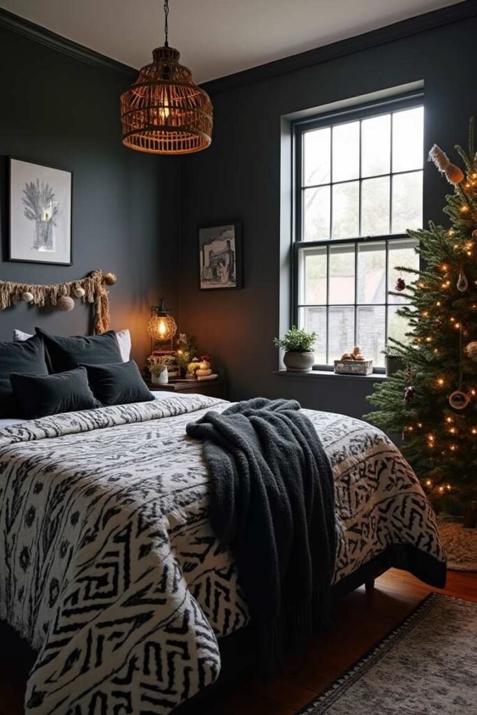 Bohemian Black Christmas Bedroom – A Cozy Fusion of Texture and Festive Charm