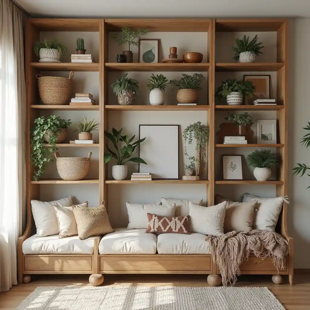 Natural wood book shelves adorned.