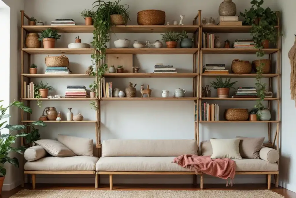 Bohemian book shelves with plants