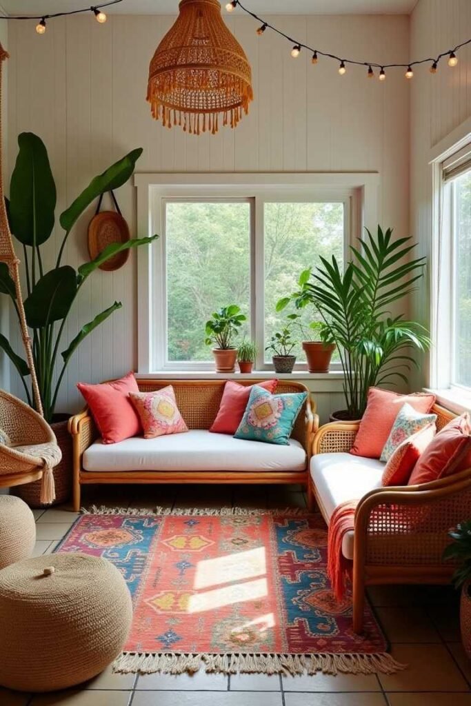Boho Chic Sunroom with Colorful Layers