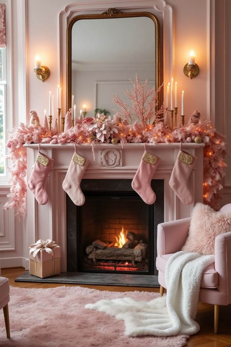 Chic Pink Christmas Mantelpiece - Luxe and Cozy